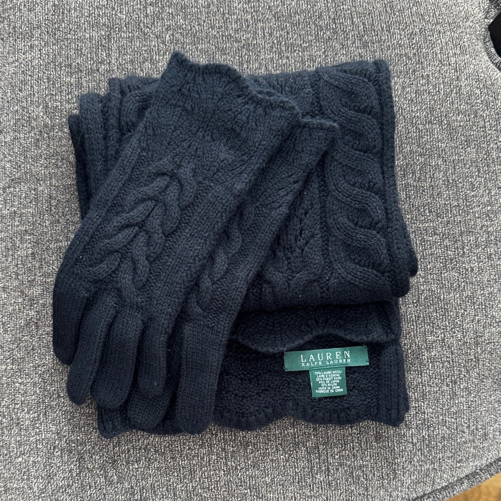 Lauren Ralph Lauren Black Cable Knit Scarf and Gloves